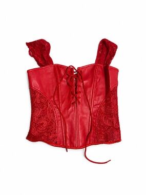 Red Lace & Faux Leather Corset Top